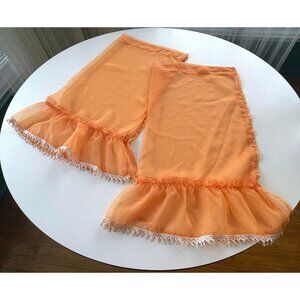 Vintage 70s curtains, orange sheer ruffled panels with cream lace, as a pair